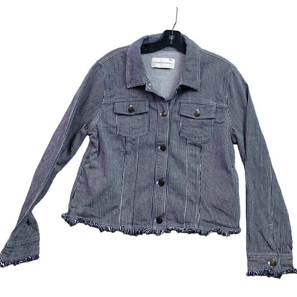 Cupcakes and Cashmere Jacket Womens Large Striped Denim Button Frayed Grunge - Picture 1 of 7